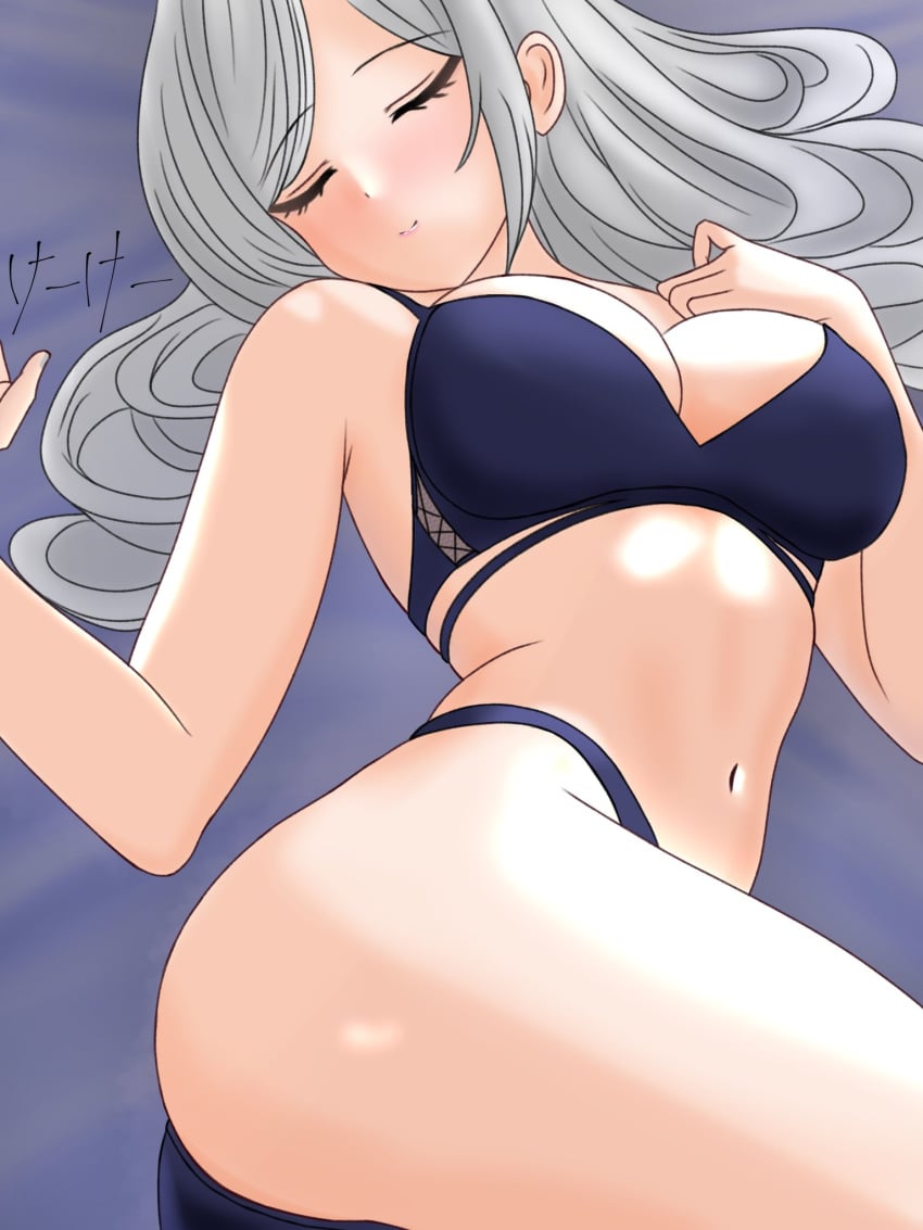 armpits ass bikini breasts d4dj japanese_text keekee_(kk_d4ni) laying_down niijima_ibuki swimsuit thick_thighs watermark