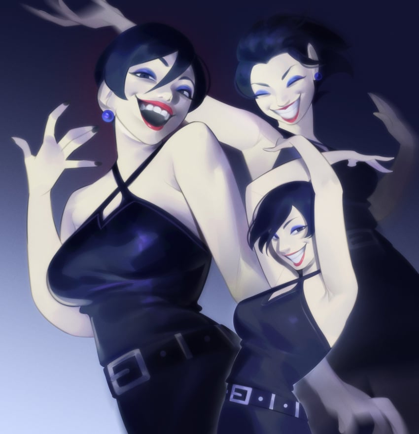 1girls black_hair criss-cross_halter cungcung death_(pearl_jam) do_the_evolution eyeshadow grin medium_breasts pale_skin pale_skinned_female short_hair smile teeth