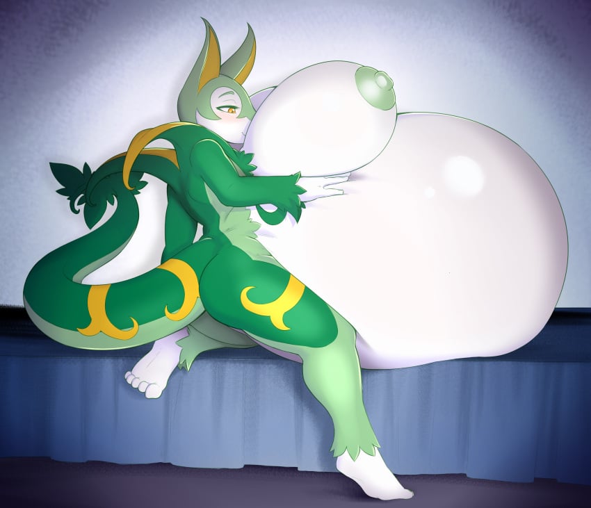 anthro anthrofied areola ass bed belly big_belly big_breasts blush breasts feet female furniture generation_5_pokemon green_body green_nipples hand_on_belly hi_res huge_belly huge_breasts hyper hyper_belly hyper_pregnancy nintendo nipples nude papa_soul pokemon pokemon_(species) pokemorph pregnant pregnant_anthro pregnant_female scalie serperior simple_background soles solo