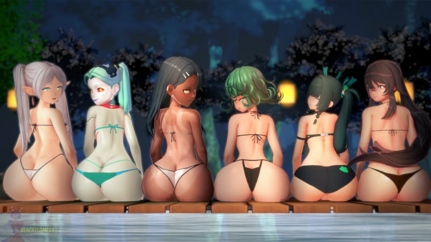 3d 3d_(artwork) 6+girls adult alternate_version_available ass ass_focus bikini blackflames3 crossover cyberpunk:_edgerunners fat_ass frieren frieren_beyond_journey's_end genshin_impact hair_ornament hayase_nagatoro hu_tao_(genshin_impact) long_hair looking_at_viewer looking_back looking_back_at_viewer multiple_girls one-punch_man please_don't_bully_me,_nagatoro poolside qingyi_(zenless_zone_zero) rebecca_(edgerunners) short_hair shortstack smile smirk take_your_pick tan_body tanline tatsumaki teenager thick_ass twintails zenless_zone_zero