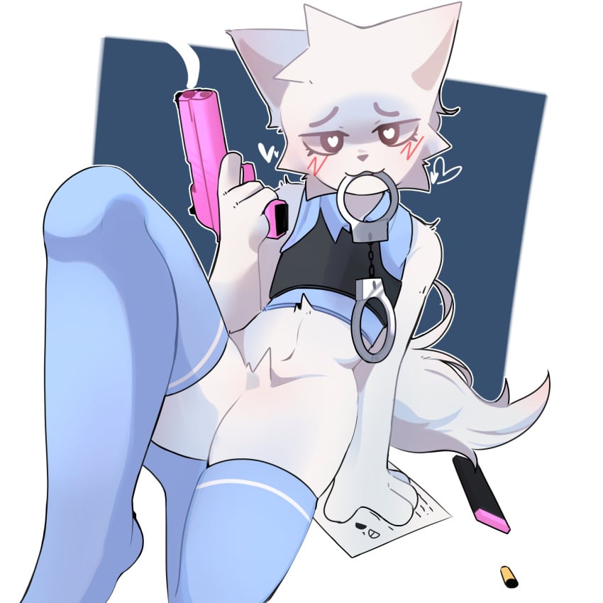 1:1 anthro blush blush_lines boy_kisser_(meme) cheek_tuft clothing cuff_(restraint) domestic_cat facial_tuft felid feline felis fur gun half-closed_eyes handcuffs handgun hi_res legwear male mammal meme metal_cuffs narrowed_eyes nuki_reysumi officer_boykisser_(junoandmaxx) pistol police police_hat police_uniform ranged_weapon restraints simple_background smile solo stockings tuft uniform weapon white_background white_body white_fur