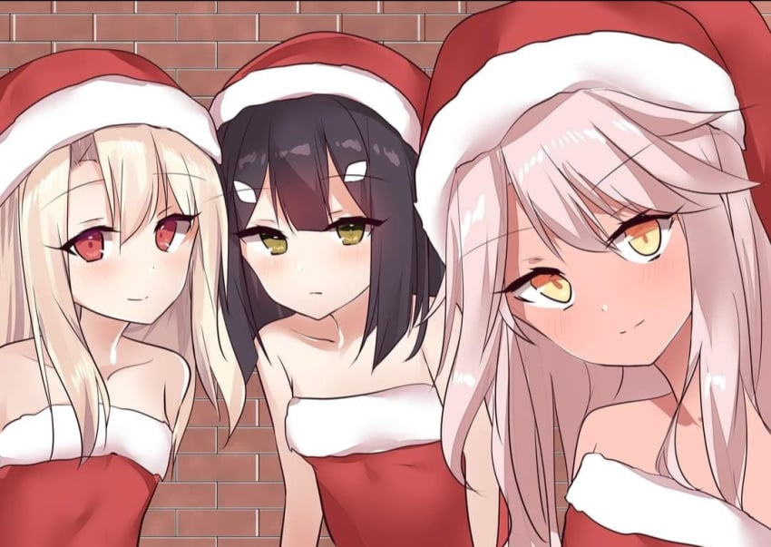 3girls artist_request chloe_von_einzbern christmas christmas_outfit cute fate/kaleid_liner_prisma_illya fate_(series) illyasviel_von_einzbern looking_at_viewer miyu_edelfelt open_shoulders small_breasts