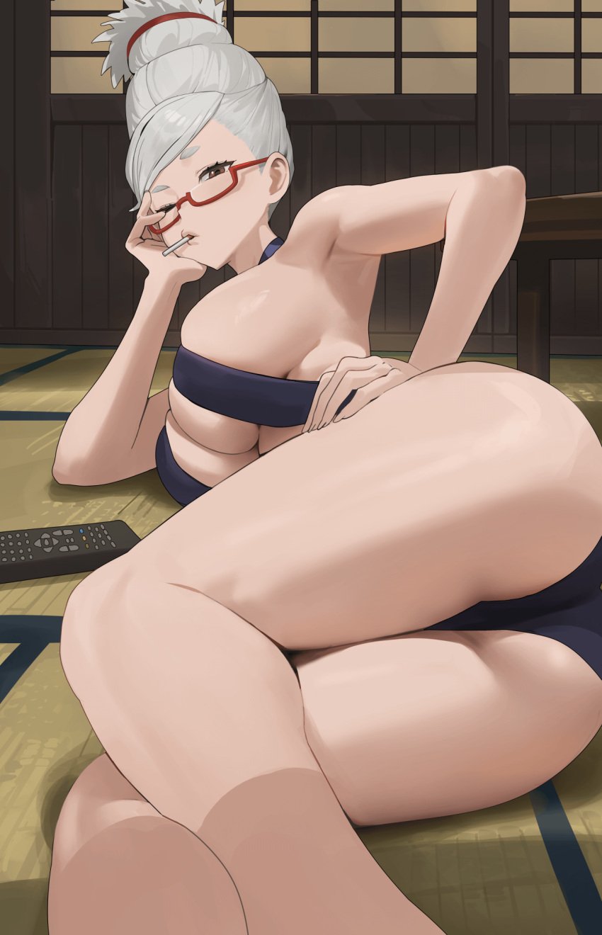 1girls ayase_seiko cigarette dandadan feet_out_of_frame female hood_x_art laying_on_side skindentation solo solo_female tagme tv_remote white_hair