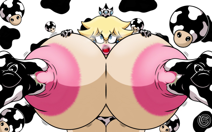 1girls areolae big_breasts bikini_bottom blonde_hair blue_eyes breast_sucking breasts cow cow_girl cows female female_focus hyper hyper_areola hyper_breasts hyper_nipples lactation mario_(series) milf milk_squirt milking milking_machine nintendo nipple_suck nipples princess_peach standing super_mario_bros. topless valerya5