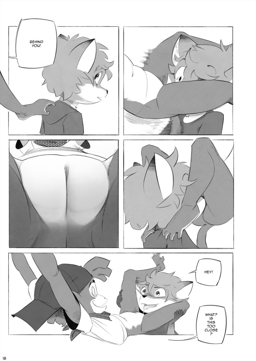 anthro canid canine comic duo english_text female fox genitals haplorhine hi_res horemheb male mammal monkey monochrome primate pussy text tomboy