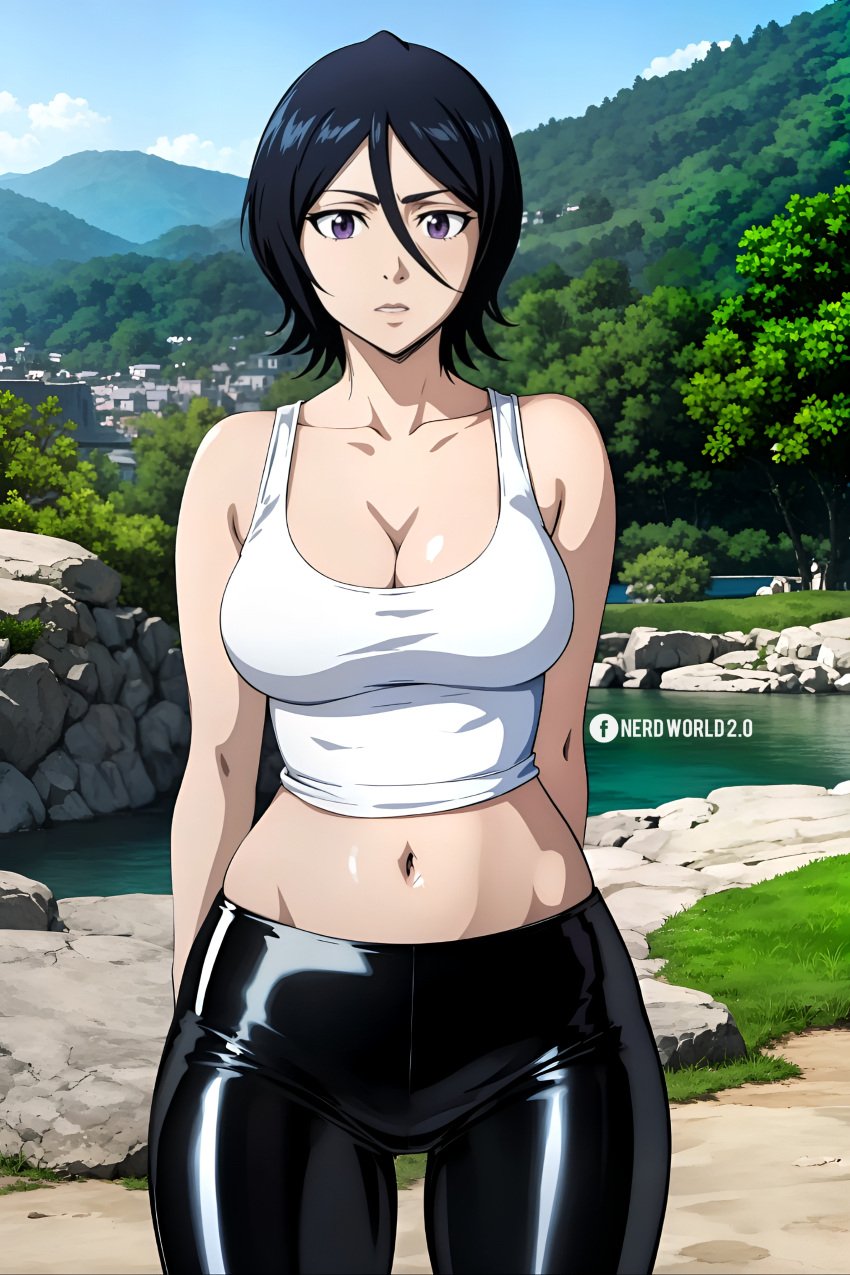 ai_generated big_breasts bleach bleach:_the_thousand-year_blood_war cleavage kuchiki_rukia leggings nerdworld97 thick_thighs waifu