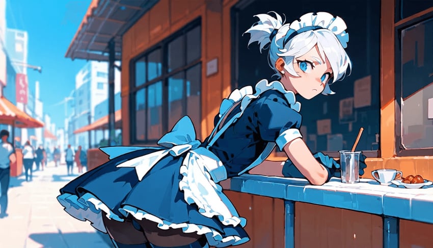 ai_generated bending_forward bending_over blue_eyes femboy hair_tied_back mahamoan maid_outfit maid_uniform mila_matsumoto oc original_character panty_peek pantyhose pantyshot thighhighs white_hair