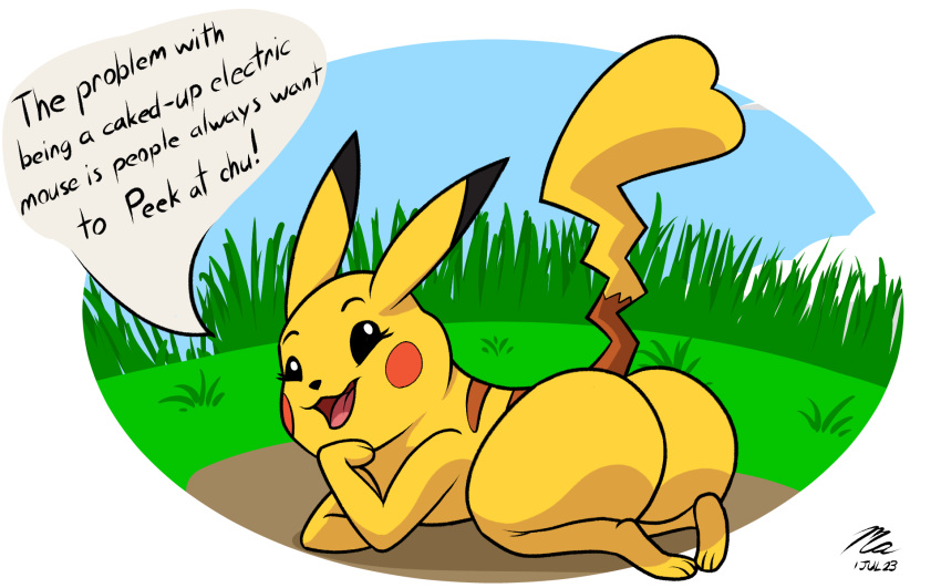 anthro ass female generation_1_pokemon grass hi_res looking_at_viewer looking_back lying_on_ground magnificent-arsehole nintendo on_ground pikachu plant pokemon pokemon_(species) pun shaded simple_shading tall_grass