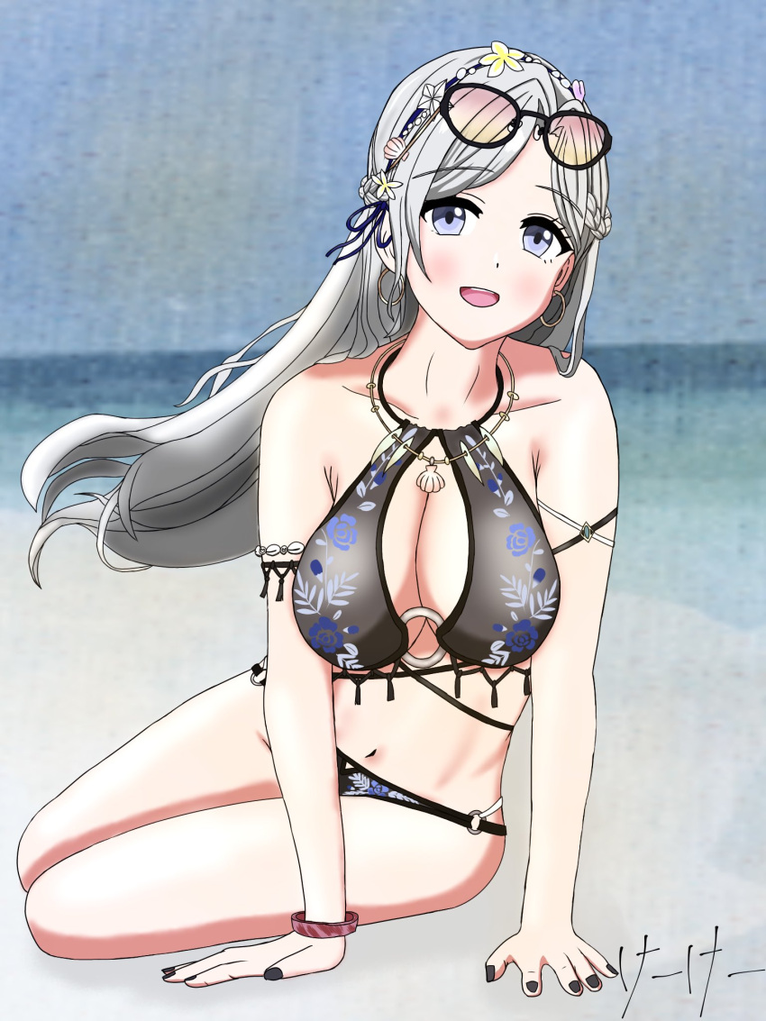 beach big_breasts bikini d4dj japanese_text keekee_(kk_d4ni) niijima_ibuki sunglasses swimsuit watermark