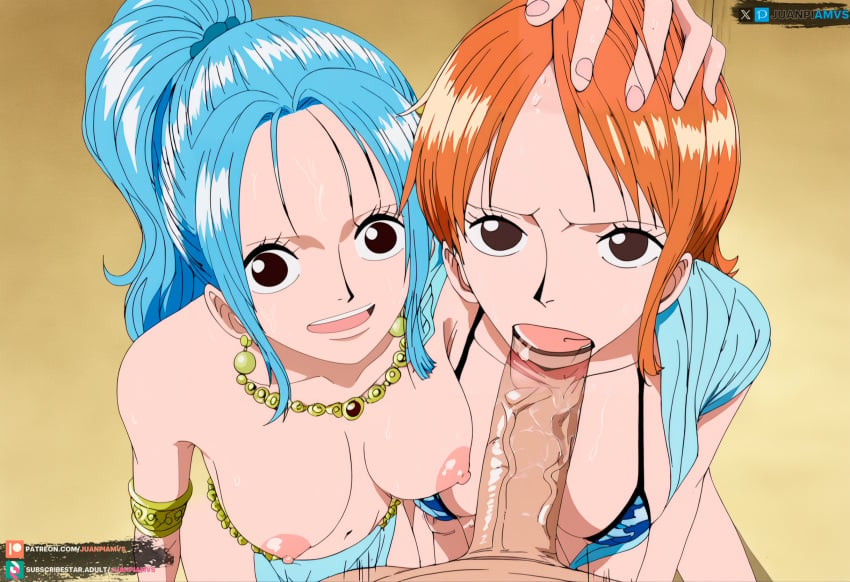 2girls ai_generated big_breasts blowjob blue_hair brown_eyes female juanpiamvs long_hair male nami nami_(one_piece) nefertari_vivi one_piece orange_hair patreon patreon_username short_hair subscribestar subscribestar_username sucking sucking_penis watermark