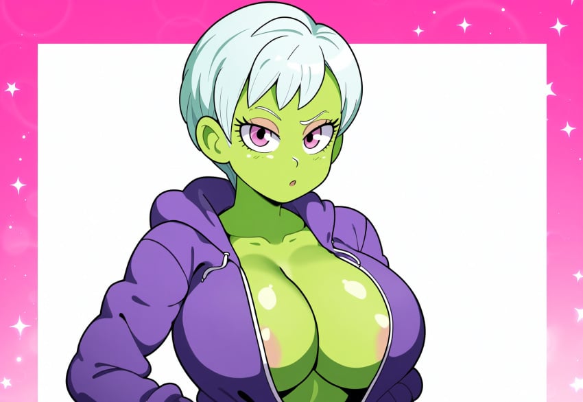 ai_generated alien alien_girl areola_slip cheelai dragon_ball dragon_ball_super green_body green_skin hoodie jacket large_breasts mullon novelai white_hair