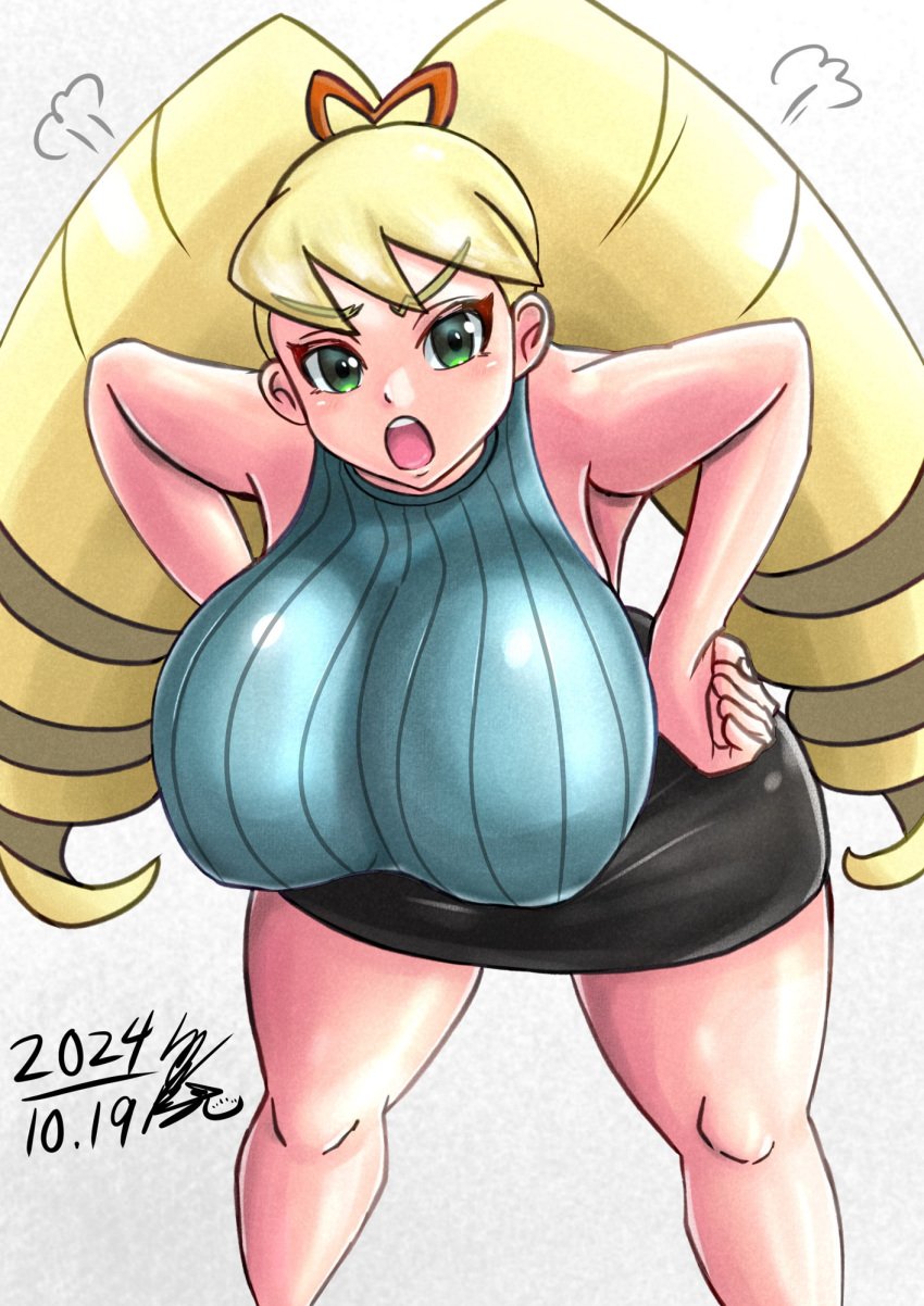 angry armpits big_breasts drill_hair hand_on_hip huge_breasts large_breasts leaning_forward luna_platz mega_man mega_man_star_force shirogane_luna sirakuroyamiri skirt twintails voluptuous