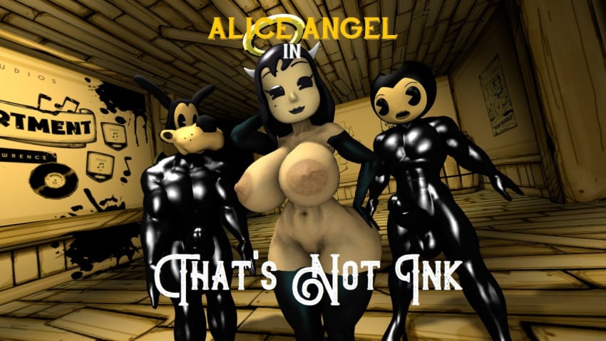 1girls 2boys 3d alice_angel bendy bendy_and_the_ink_machine big_breasts boris_the_wolf breasts english english_text female latex legwear male naked nipples nude nude_female rubber stockings