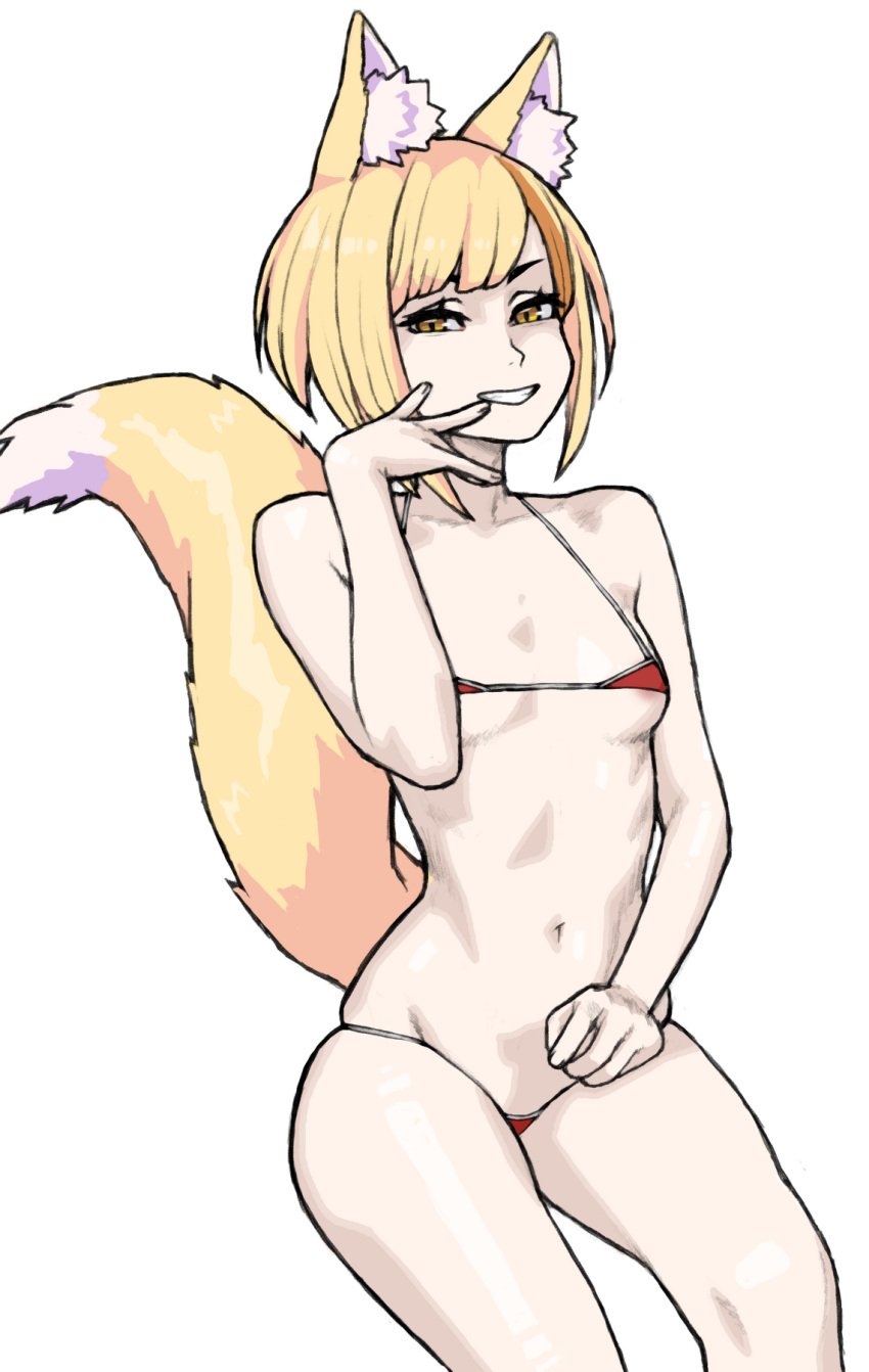 blonde_hair bluesalm0n female female_only fire_emblem fox_ears fox_girl fox_tail grin micro_bikini selkie_(fire_emblem) swimwear yellow_eyes