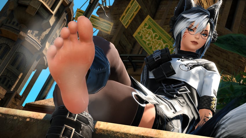 5_toes aylen_dawn aylen_ffxiv barefoot canid canine feet female female_focus female_only final_fantasy final_fantasy_xiv foot_fetish foot_focus fox_ears fox_girl kemonomimi miqo'te musk_clouds musky musky_feet soles solo_focus steam steamy steamy_feet toes tomboy