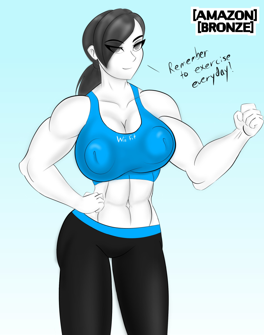 1girls abs amazon_bronze censored cute english_text female female_only flex huge_breasts muscular muscular_female smile solo text wii_fit wii_fit_trainer