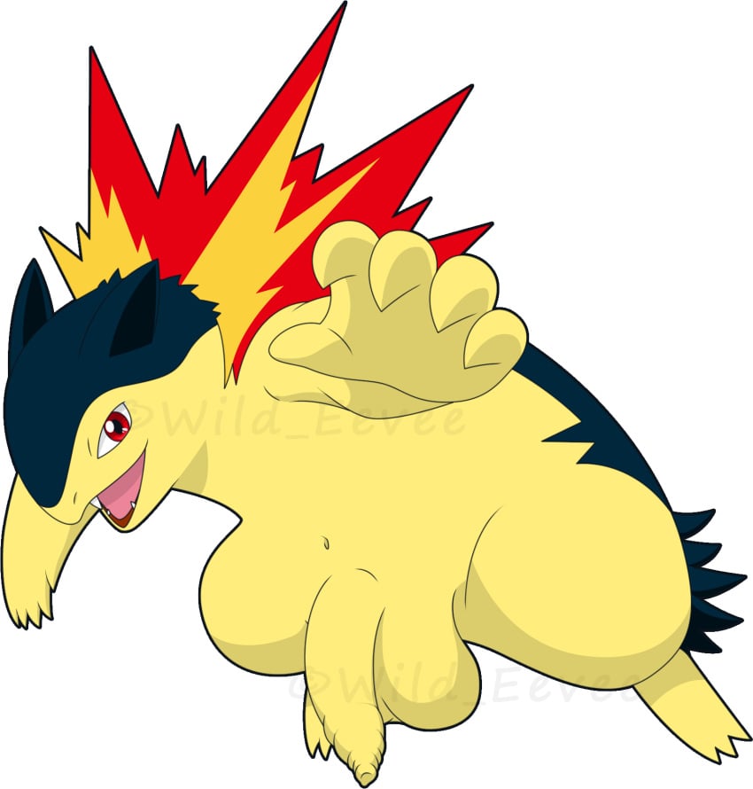 balls feral fire foreskin generation_2_pokemon humanoid_penis male mouth_open navel nintendo pokemon pokemon_(species) red_eyes transparent_background typhlosion watermark wild_eevee