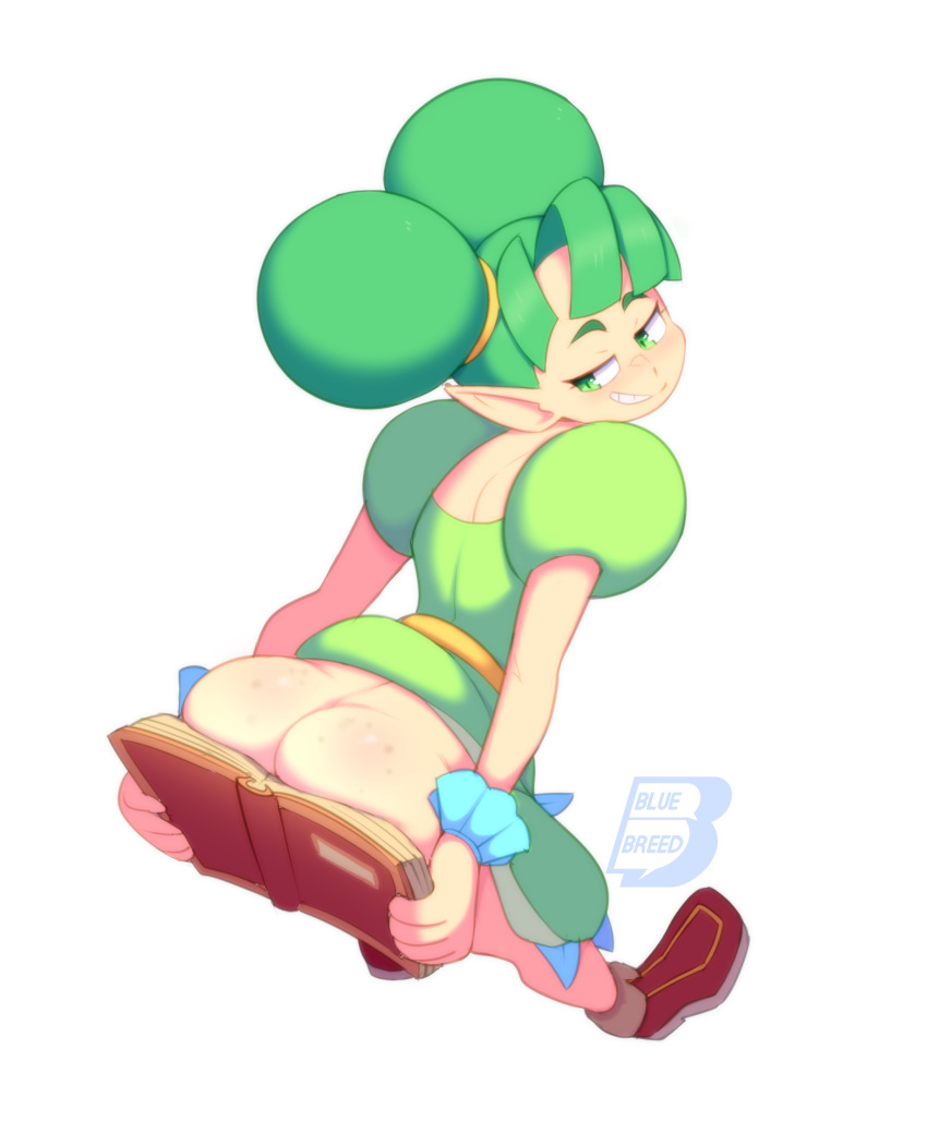 ass ass_freckles ass_press bluebreed book double_bun dress farore green_dress green_eyes green_hair hair_bun highres looking_back nintendo pointy_ears smirk smug the_legend_of_zelda