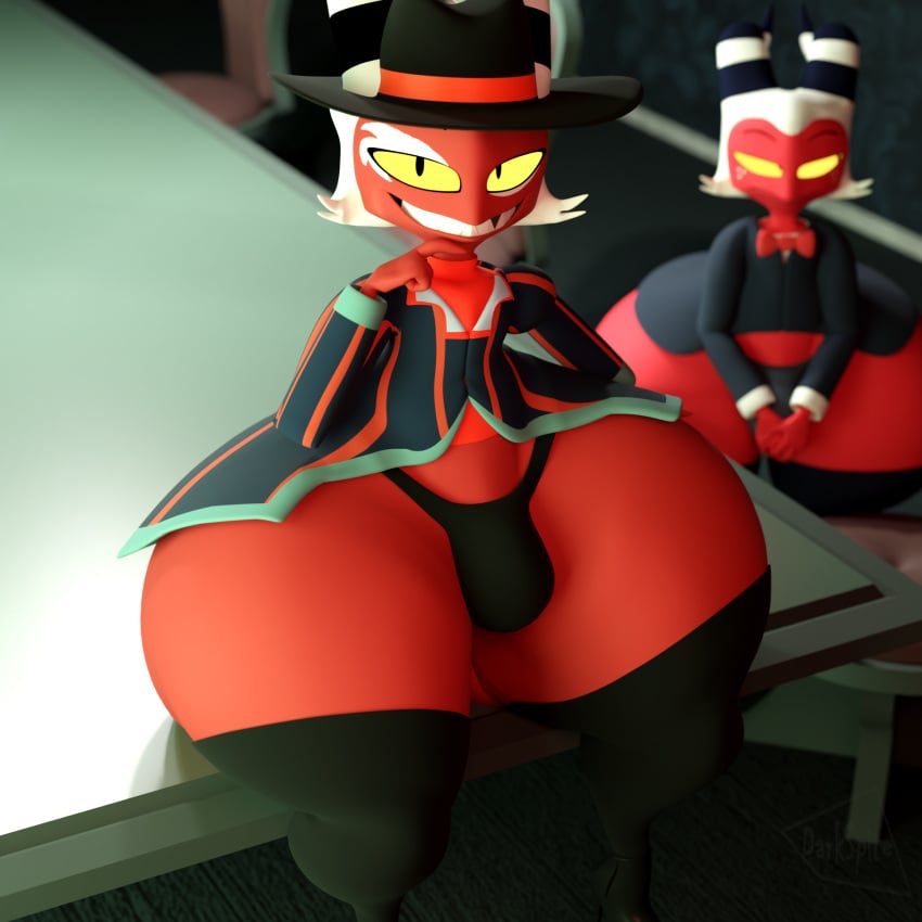 3d 3d_(artwork) 3d_model black_legwear boots bowtie crimson_(helluva_boss) darkspite duo hair hat headgear headwear helluva_boss high_heels horn legwear looking_at_viewer looking_away male_only massive_thighs moxxie_(helluva_boss) pattern_clothing red_body red_clothing sharp_teeth smiling_at_viewer striped_clothing stripes thighhighs thong underwear unimpressed white_hair yellow_eyes yellow_sclera