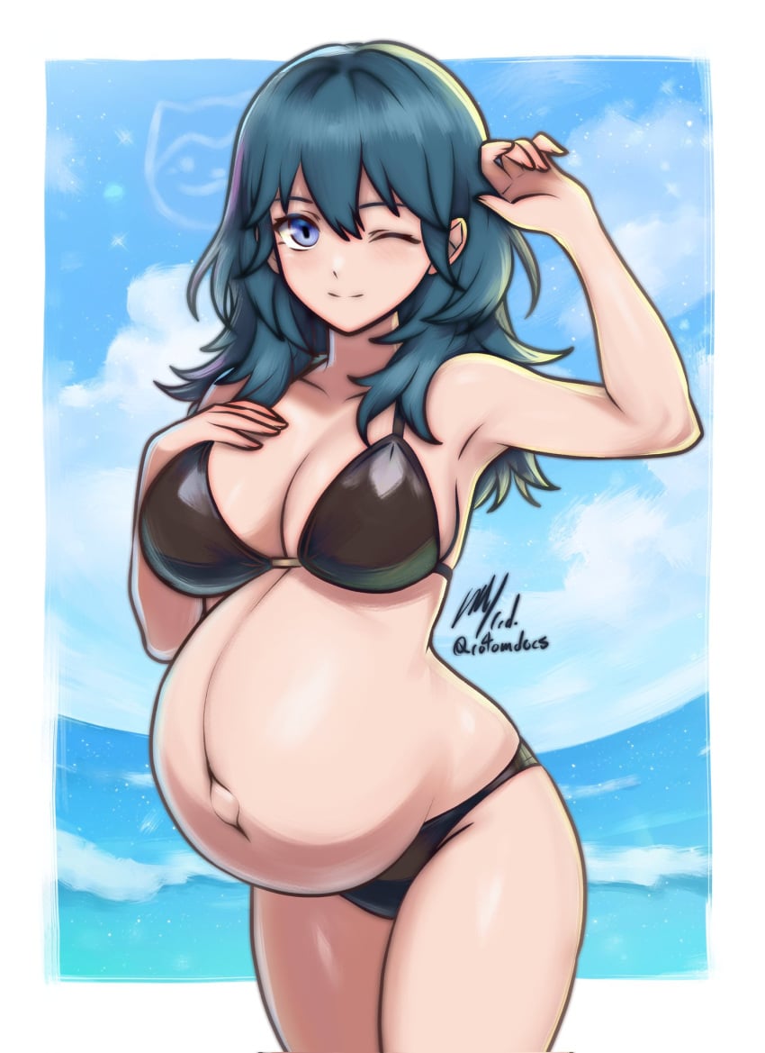 1girls beach big_breasts bikini blue_hair breasts byleth_(fire_emblem) cleavage female fire_emblem linea_nigra outie_navel pregnant rotomdocs solo