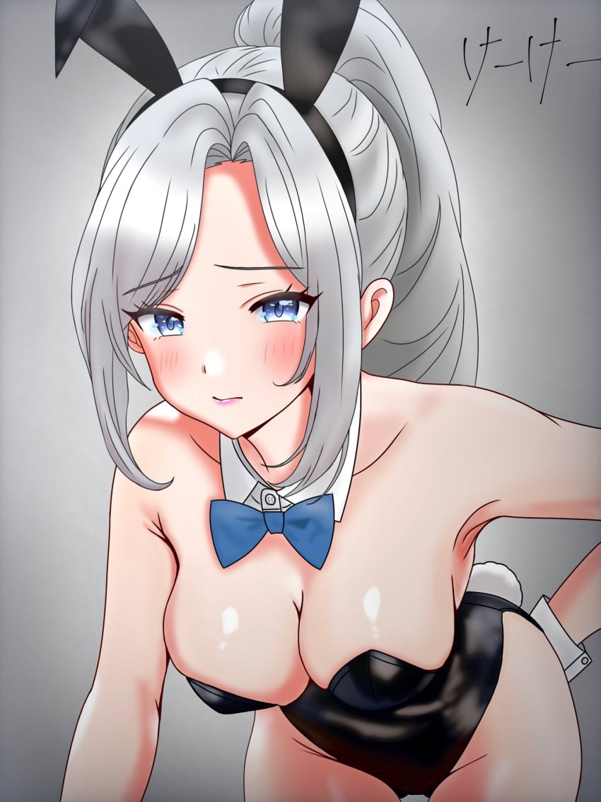 armpits blush bowtie breasts_out bunny_ears bunny_girl bunny_tail bunnysuit d4dj japanese_text keekee_(kk_d4ni) niijima_ibuki shiny_skin thick_thighs watermark