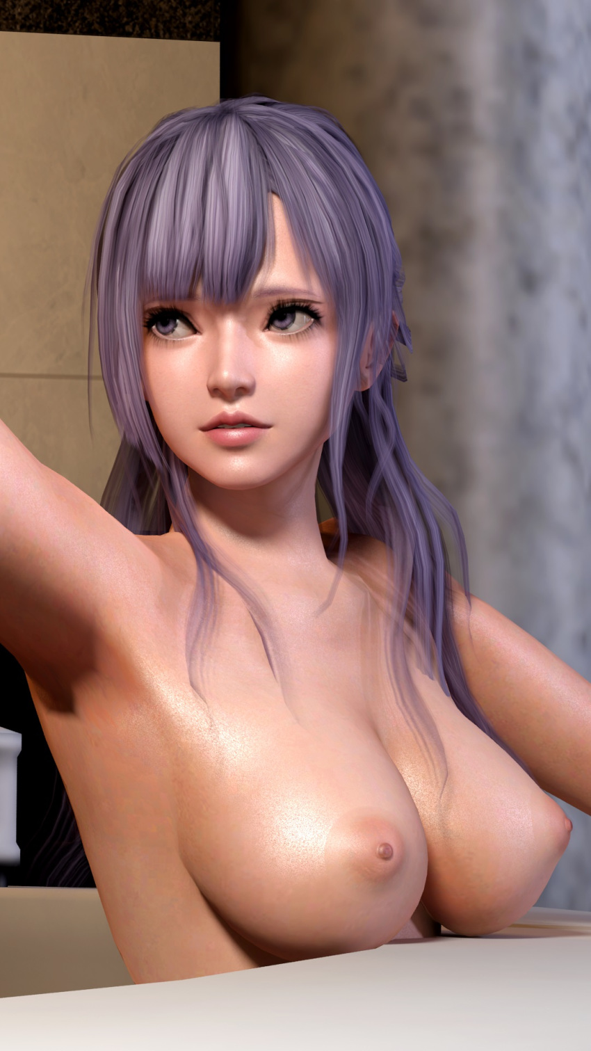 1girls 3d 3d_(artwork) armpit big_breasts dead_or_alive dead_or_alive_xtreme_venus_vacation doarequest159 female female_only fiona_(doa) long_hair purple_eyes purple_hair selfie solo