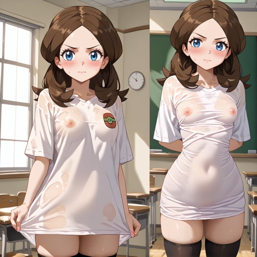 1girls ai_generated alternate_legwear bangs black_legwear blue_eyes blush breasts brown_hair classroom clock closed_mouth collarbone covered_navel covered_nipples desk green_(pokemon) indoors long_hair looking_at_viewer low_ponytail multiple_girls nipples no_bra pokemon pussy rain school see-through see-through_silhouette shirt short_sleeves skindentation skirt_hold small_breasts sweat thighhighs tied_hair wall_clock wet wet_clothes wet_hair wet_shirt window wringing_clothes