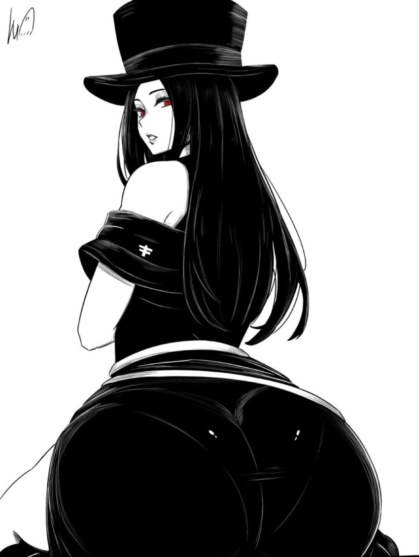 1boy androgynous ass ass_focus big_ass black_hair clothed guilty_gear guilty_gear_strive hat long_hair looking_back lughost male testament_(guilty_gear)