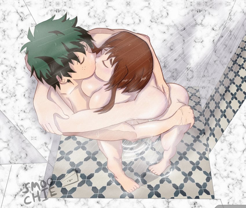 1boy 1girls ass_grab barefoot big_breasts brown_hair canon_couple completely_nude completely_nude_female cute female full_body green_hair groping groping_ass hand_on_butt izuku_midoriya kissing large_breasts loving_couple male my_hero_academia naked naked_female nude nude_female ochako_uraraka shower smoochie straight unknown_artist wholesome