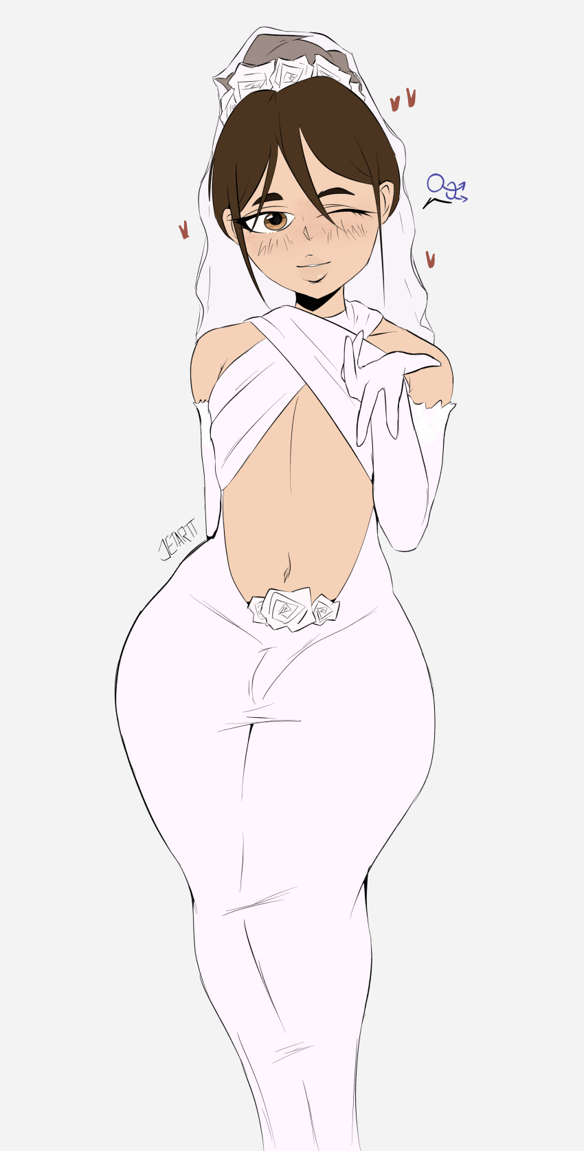 1boy 1femboy blowing_kiss boywife bridal_gloves bridal_veil bride bride_veil bulge bulge_through_clothing dress femboy femboy_only interlocked_mars_symbols jetartt male male_symbol mars_symbol original original_character solo solo_focus thick thick_hips thick_thighs tight_clothing