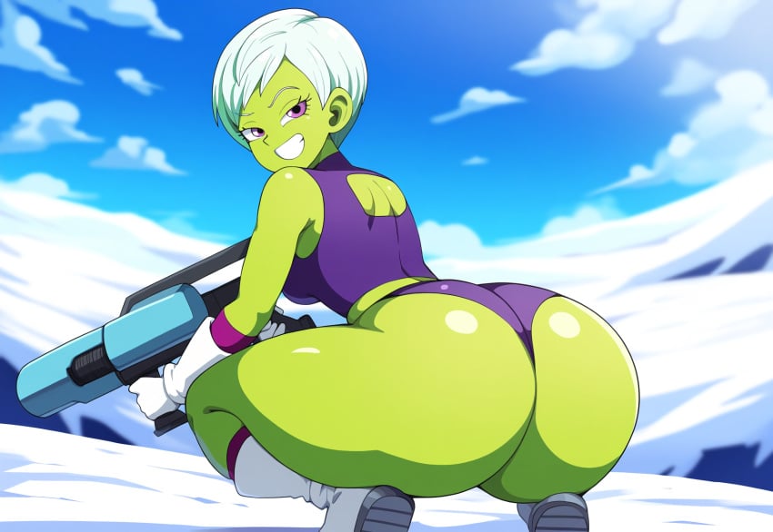 ai_generated alien alien_girl big_ass cheelai dat_ass dragon_ball dragon_ball_super green_body green_skin gun huge_ass large_breasts mullon novelai snow squatting tundra white_hair