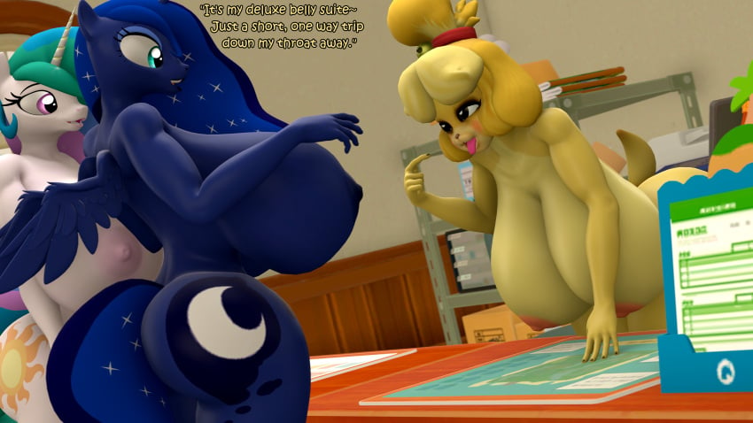 16:9 3d 4k absurd_res alicorn animal_crossing anthro anthro_pred anthro_prey anthrofied areola ass big_breasts big_butt breasts canid canine canis coriponer crossover dialogue digital_media domestic_dog eastern_and_western_character english_text equid equine female female_pred female_prey friendship_is_magic group hasbro hi_res horn huge_breasts imminent_oral_vore imminent_vore inside isabelle_(animal_crossing) mammal my_little_pony mythological_creature mythological_equine mythology nintendo nipples office pointing_at_mouth princess_celestia_(mlp) princess_luna_(mlp) revamped_anthros sequence sibling sister sisters source_filmmaker talking_to_another text tongue tongue_out trio widescreen willing_prey wings