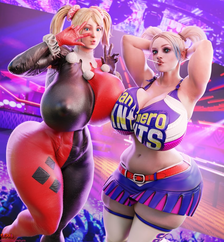 2girls 3d ass big_ass big_breasts big_butt bimbo blonde_female blonde_hair breasts breasts_bigger_than_head clothes_swap costume crossover dc dc_comics fat_ass female hands_behind_head harleen_quinzel harley_quinn huge_ass huge_breasts injustice_2 juliet_starling lollipop_chainsaw massive_ass massive_breasts massive_butt pale-skinned_female sekaithereturn suicide_squad tagme thick_thighs