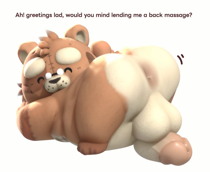 3d animate_inanimate anthro anus ass ass_up balls bear belly brown_body brown_fur digital_media english_text erection eyebrows eyewear fur genitals glasses hi_res living_plushie male mammal mature_male oraclesarts overweight penis plushie seam_(sewing) short_stack smile solo teddy_baron teddy_bear teeth text thick_eyebrows