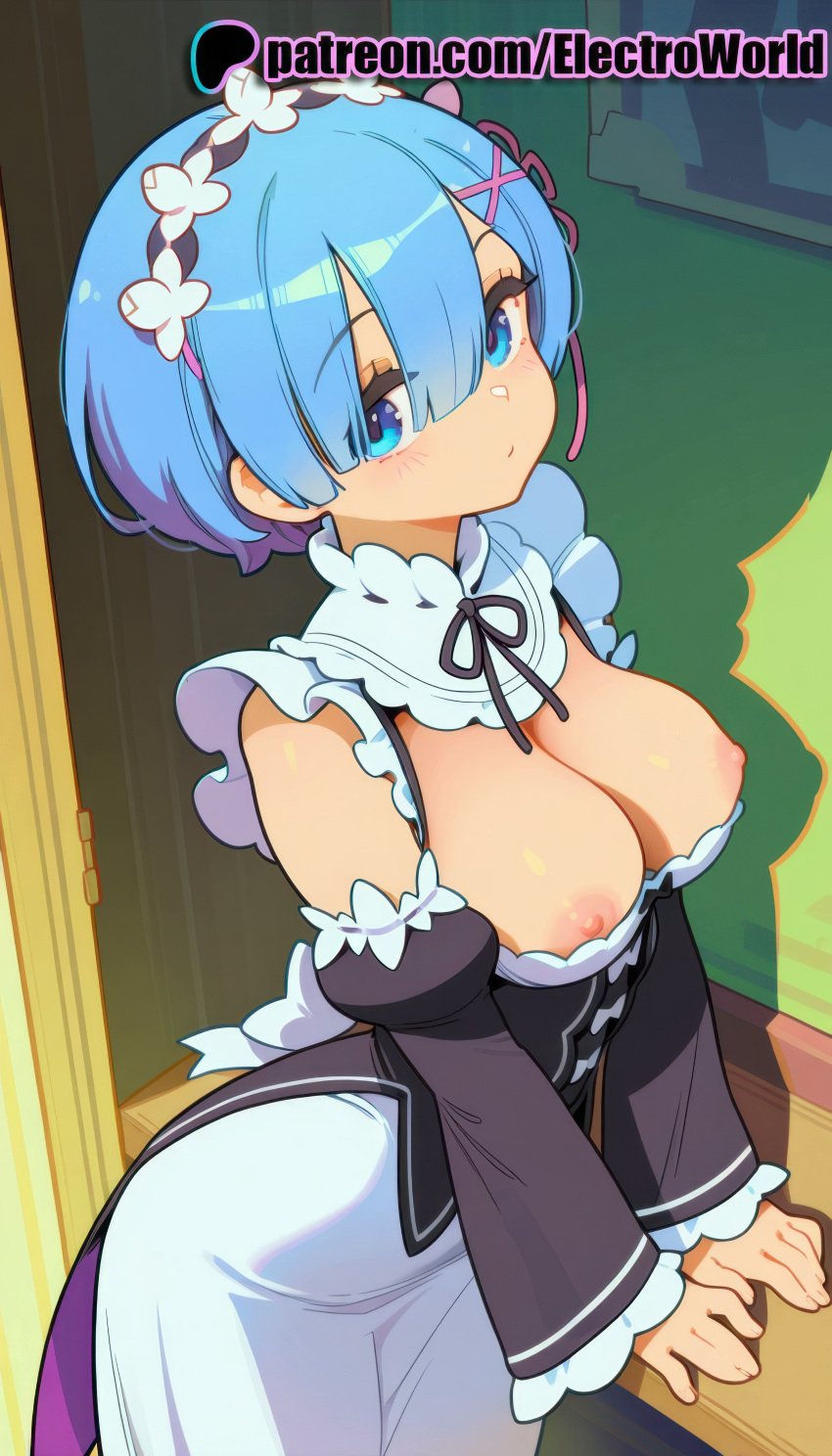 1girls abs ai_generated areola areolae bare_shoulders blue_eyes blue_hair blush breasts electroworld female female female_focus female_only highres inviting_to_sex looking_at_viewer maid maid_dress maid_outfit maid_uniform nipples no_bra nude nude_female presenting re:zero_kara_hajimeru_isekai_seikatsu rem_(re:zero) shiny_skin short_hair solo solo_focus sweat sweatdrop thighs uncensored upper_body voluptuous voluptuous_female wet