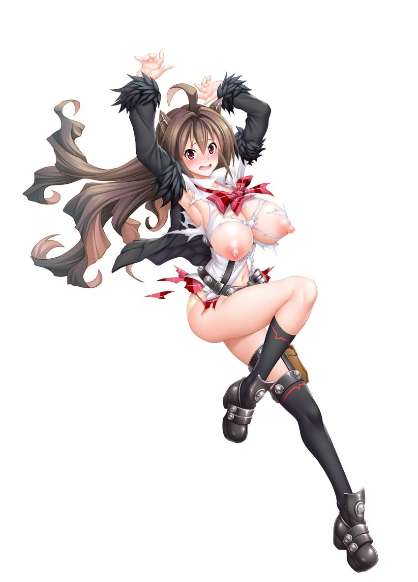 ahoge asahi ass blush breasts brown_hair cleavage curvy demon_girl embarrassed erect_nipples female full_body highres horns jumping large_breasts long_hair looking_at_viewer no_bra official_art panties pointy_ears puffy_nipples red_eyes rina_(taimanin_asagi) shiny shiny_skin simple_background skirt smile solo taimanin_(series) taimanin_asagi taimanin_rpgx underwear weapon white_background