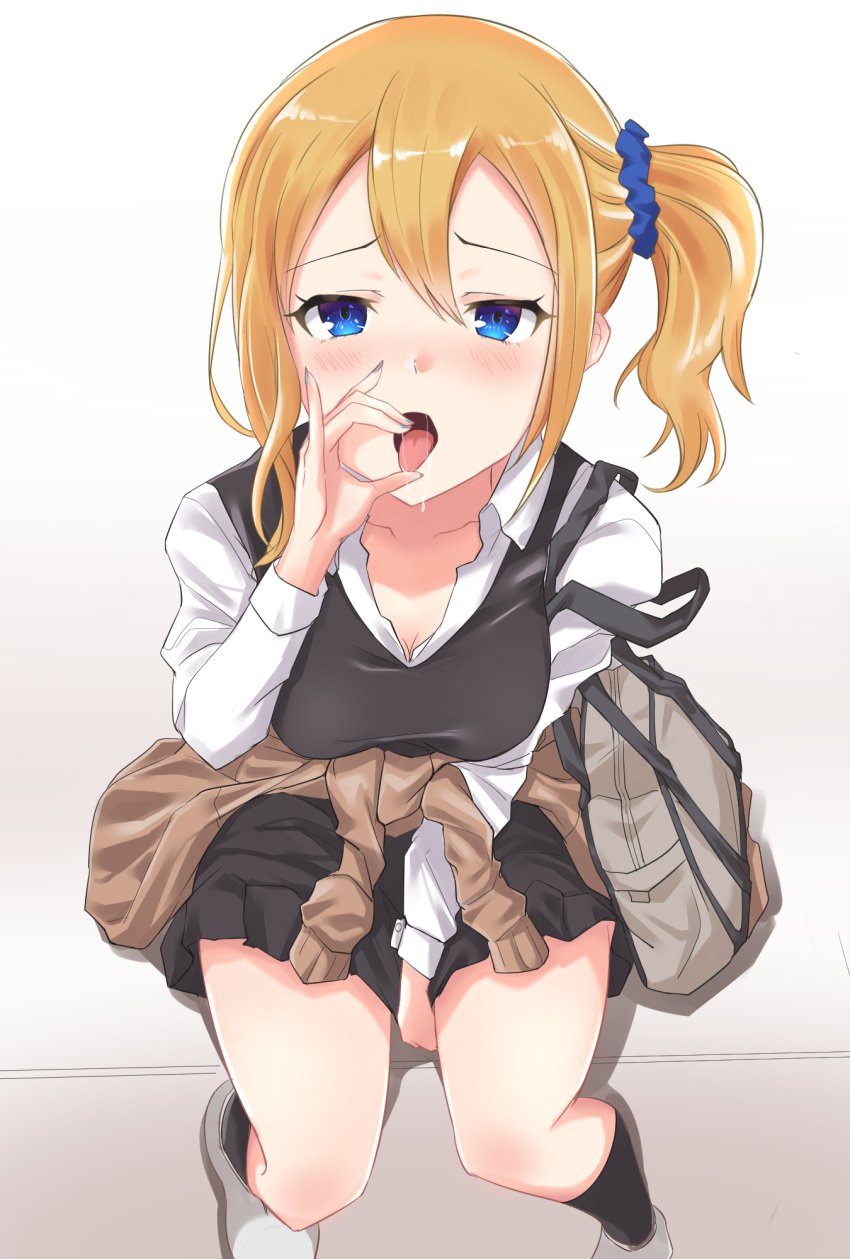 1girls bag black_legwear blonde_hair blue_eyes blush fellatio_gesture gyaru hayasaka_ai heckler_kai kaguya-sama_wa_kokurasetai_~tensai-tachi_no_renai_zunousen~ kogal looking_at_viewer oral_invitation saliva school_uniform shoe side_ponytail sitting tongue tongue_out