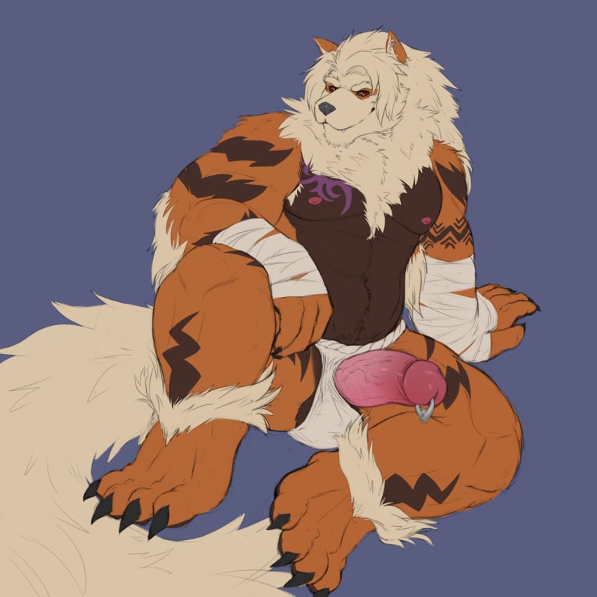 2017 5_fingers alternate_color anthro anthrofied arcanine arm_support arm_wraps armpit_hair balls big_penis black_sclera blue_background brown_fur canid canine chubby claws clothed clothing ear_piercing fundoshi fur genital_piercing glans_piercing hi_res humanoid_penis japanese_clothing laarx looking_at_viewer lying male male_only mammal markings muscular muscular_male nintendo nipples orange_fur original_character penis penis_piercing piercing pokemon pokemon_(species) prince_albert_piercing purple_markings radonryu red_eyes seductive simple_background sitting solo tan_fur toe_claws underwear vein veiny_penis video_games wraps