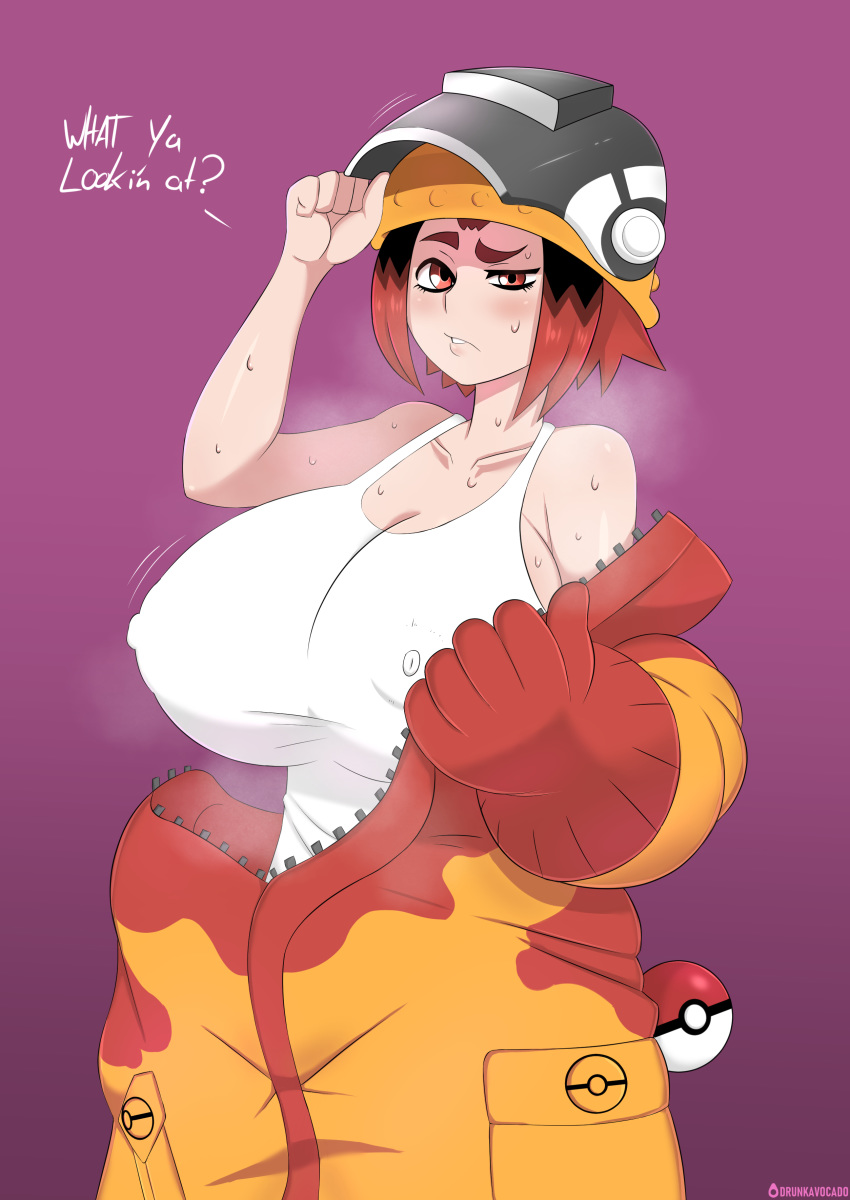 1girls absurdres areolae big_breasts black_hair blush bodysuit breasts cleavage clothed clothing drunkavocado english_text eyebrows eyelashes female female_only game_freak half-closed_eyes highres huge_breasts human large_breasts nintendo nipples orange_eyes poke_ball pokeball pokemon pokemon_trading_card_game pokemon_trainer purple_background red_eyes red_hair shirt short_hair simple_background smell solo sweat sweaty talking_to_viewer tank_top text text_focus two_tone_hair video_games watermark welder_(pokemon) zipper