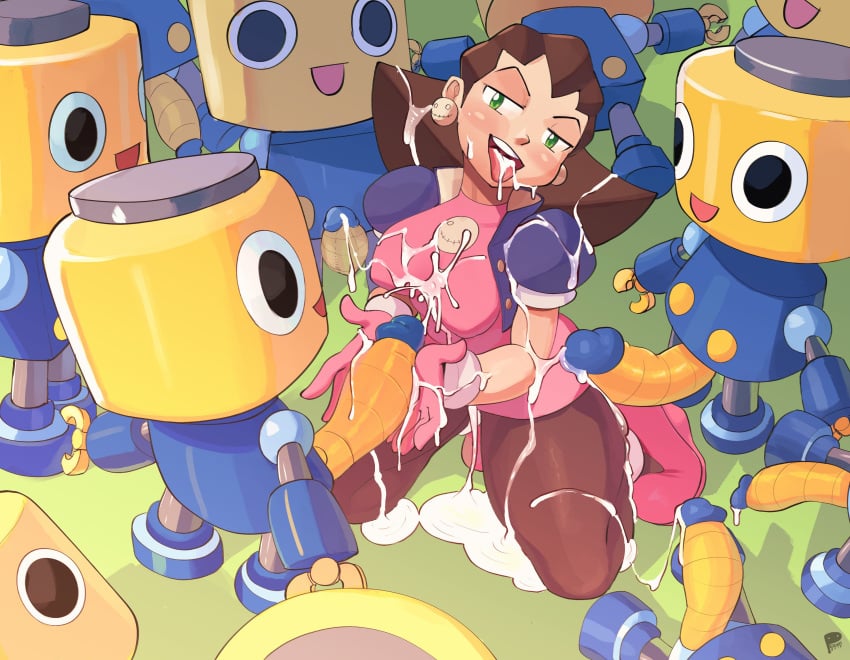 11boys 1girls 6+boys absurd_res big_penis black_eyes brown_hair bukkake capcom clothing cum cum_on_clothes cum_on_face cum_on_ground cum_on_hair earrings excessive_cum facial female green_eyes hair highres kneeling male mega_man mega_man_legends multiple_boys multiple_penises peculiart penis robot servbot small_but_hung small_dom_big_sub smaller_male straight tongue tongue_out tron_bonne underling video_games