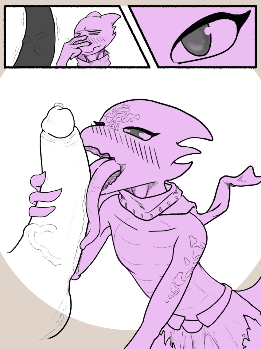 blush clothing fellatio female hi_res human humanoid_penis kobold licking lizard male mammal open_mouth oral penis precum reptile ryder_sechrest scalie throbbing tongue tongue_out