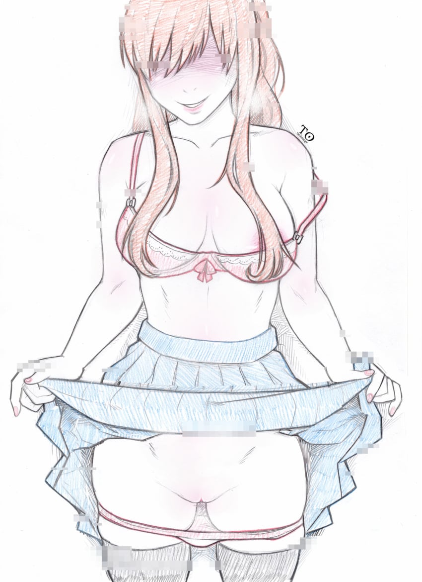 1girls areola_slip areolae bangs blue_skirt bra breasts cowboy_shot doki_doki_literature_club female female_only flashing front_view green_eyes hair_over_eyes hairless_pussy human large_breasts long_hair medium_breasts monika_(doki_doki_literature_club) off_shoulder panties panties_down panty_pull pleated_skirt presenting presenting_pussy pussy sidelocks simple_background skirt skirt_lift solo standing tabletorgy thighhighs very_long_hair white_background