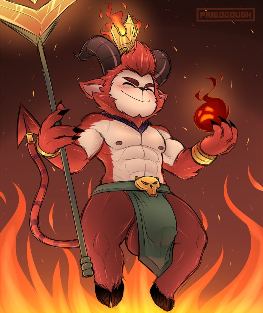 1boy abs alternate_species big_penis big_testicles blush bracelet bulge closed_eyes crown demon devil_teemo diskodeath eyebrows fire flaccid frieddough fur harrowing highres holding_object horn imp jewelry league_of_legends little_devil_teemo loincloth male male_focus male_only mammal muscles nipples penis red_hair riot_games satyr signature smile solo teemo testicles yordle