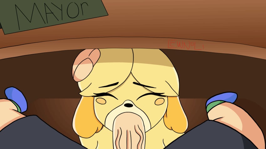 2019 animal_crossing animated anthro blush blush_stickers canid canine canis deep_throat disembodied_hand domestic_dog duo eyes_closed fellatio female fur hi_res isabelle_(animal_crossing) lewnoli loop male mammal nintendo oral oral_sex penis pov sex stealth_sex straight text tight_throat under_the_table video_games