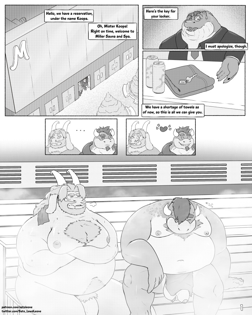 2023 absurd_res anthro anthro_only asgore_dreemurr balls belly big_belly bovid bovine bowser comic crocodile crocodilian crocodylid detailed_background dialogue duo english_text eyewear flaccid genitals glasses heart hi_res inside koopa male male_only mammal mario_(series) moobs navel nintendo nipples overweight overweight_male penis reptile sato_afroleone sauna scalie sitting steam text undertale_(series)