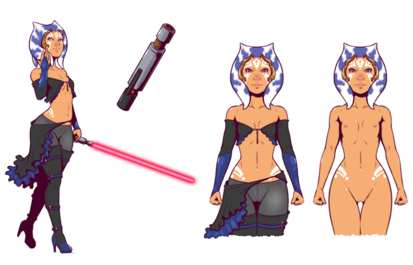 alien alien_girl blue_eyes blue_hair boots character_sheet dave_cheung facial_tattoo female female_only hana_(star_wars) high_heel_boots jedi lace lightsaber midriff navel nipples original_character pants red_lightsaber sarong shrug_(clothing) sith small_breasts solo solo_female star_wars tentacle_hair thigh_boots thigh_gap togruta