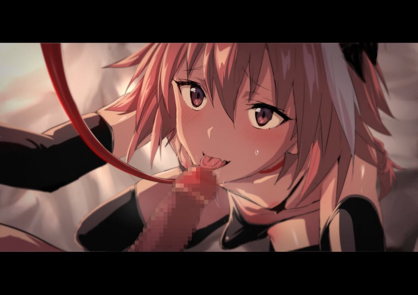 2boys absurdres areola_slip areolae astolfo_(fate) bangs bare_shoulders bikini black_bikini black_bow black_gloves black_legwear blush bow braid censored collar collarbone elbow_gloves erection erection_under_clothes fate/apocrypha fate_(series) fellatio femboy gloves hair_between_eyes hair_intakes highres leash long_braid long_hair looking_at_viewer male_focus micro_bikini mosaic_censoring multicolored_hair multiple_boys open_mouth oral penis pink_hair purple_eyes single_braid streaked_hair swimsuit thighhighs tongue tongue_out trap ulrich_(tagaragakuin) yaoi