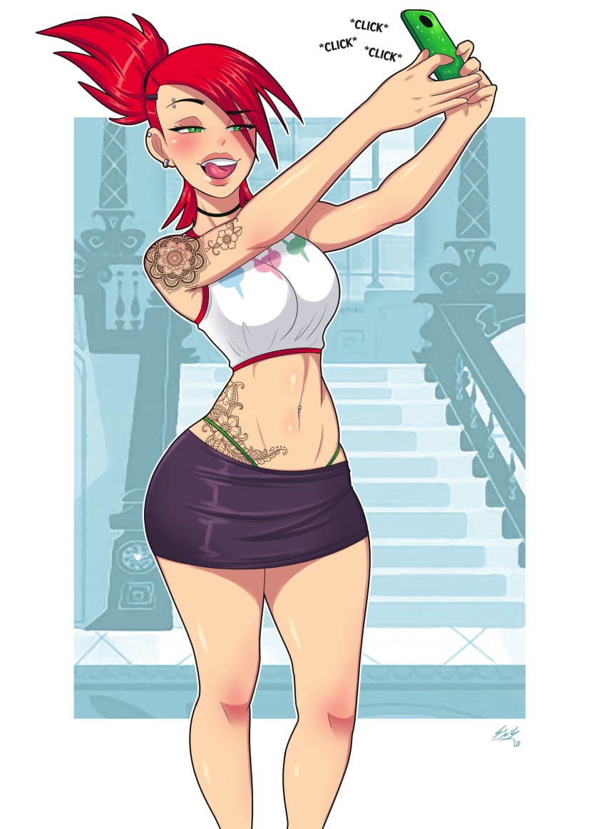 1girls big_breasts cartoon_network cleavage clothing curvy female female_only foster's_home_for_imaginary_friends frankie_foster green_eyes large_breasts navel_piercing pale-skinned_female panties red_hair short_hair skirt solo stretchnsin tattoo thick_lips voluptuous wide_hips