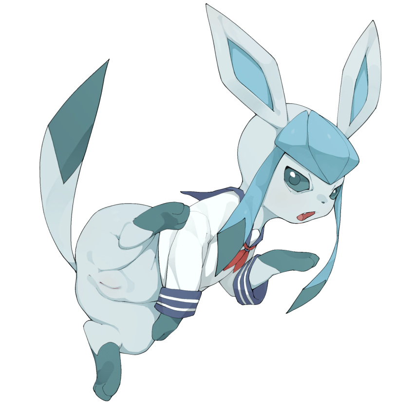 1girls anus ass bottomless canine clothing eeveelution feet female female_only feral fur furry furry_only glaceon hi_res looking_at_viewer mammal nintendo paws pokémon_(species) pokemon pussy sailor_outfit shirt simple_background solo tail topwear video_games white_background wide_hips youjomodoki