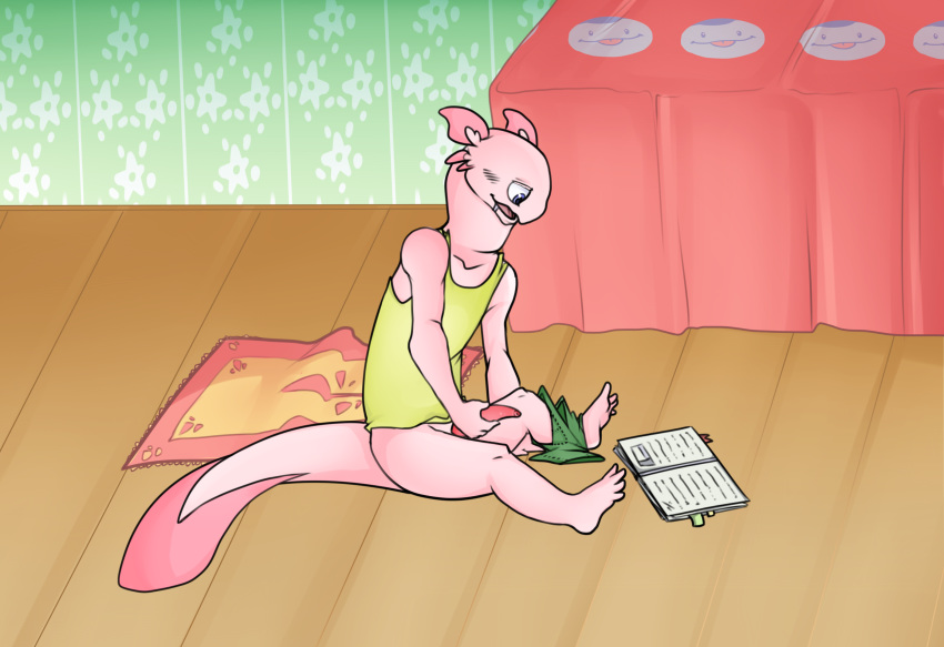 amphibian anthro axolotl book clothing hi_res kitsune2001 male masturbation max penile_masturbation penis salamander shirt solo